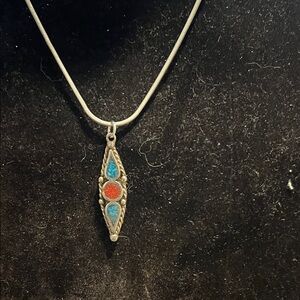 Sterling Silver Pendant Necklace with Blue turquoise and Red coral Accents